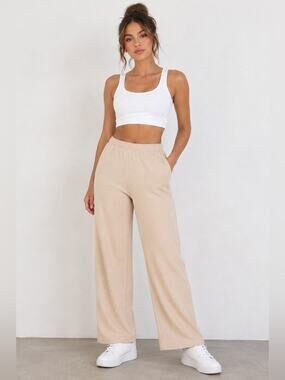 naked wardrobe French Terry Beige Wide-Leg Lounge Pants Side Large